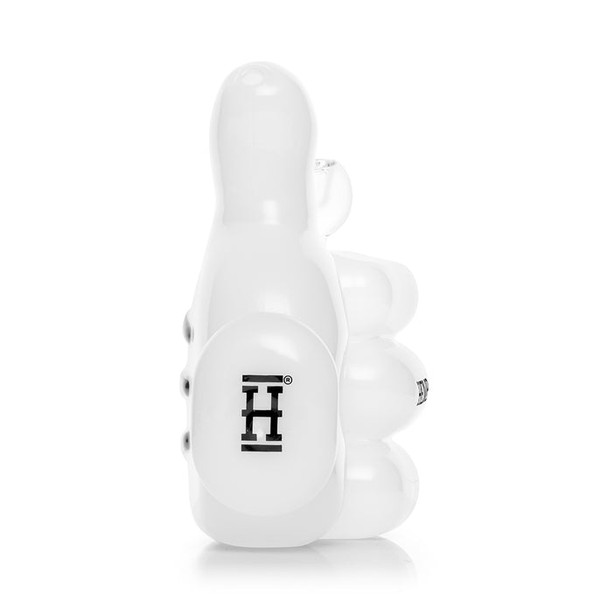 Profile view of thumbs-up bong showing round base and “H” emblem, display-case wholesale glass piece