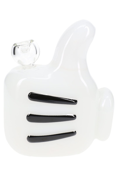 Side view white thumbs-up Hemper glass bong with black accent grooves, case-friendly head-shop supplies