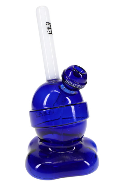 Angled close-up of blue lollipop XL glass bong with white stick mouthpiece—retail showcase piece