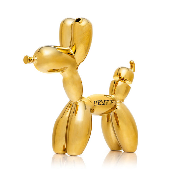 Side view gold balloon dog bong with “HEMPER” logo visible on body—smoke shop inventory detail angle