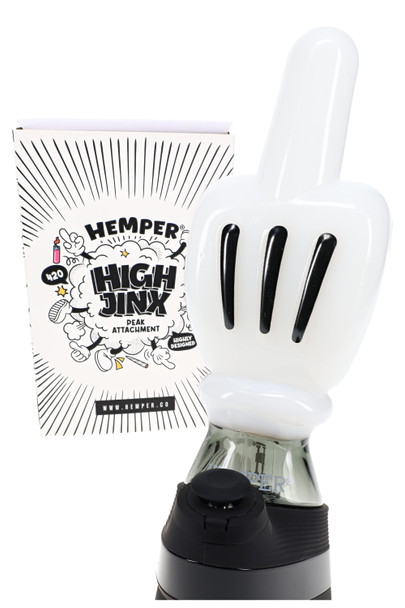 Hemper High Jinx Peak attachment with retail box, white hand topper on device—retail display add-on