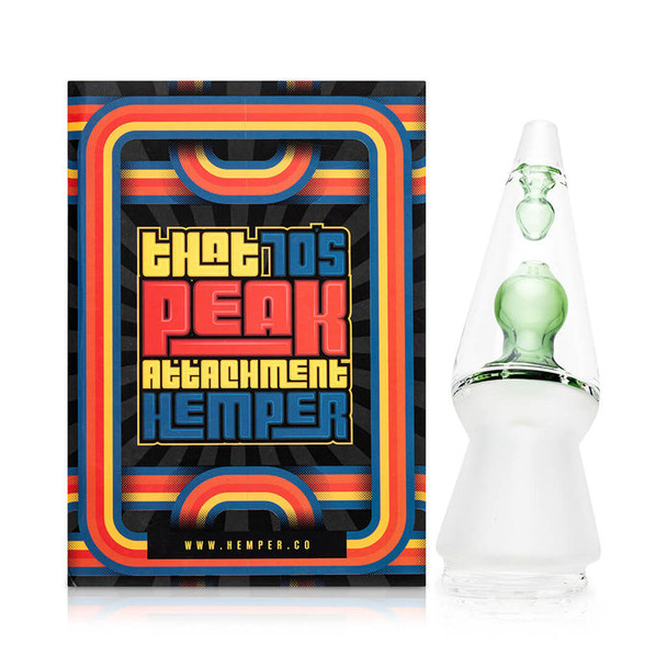 Retail box next to That 70’s Puffco Peak glass top, front-facing on white—head shop supplies display shot