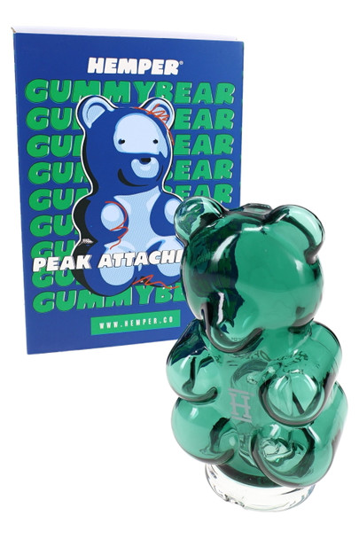 Hemper Gummy Bear Peak top beside branded box, translucent green glass—smoke shop display-ready upgrade