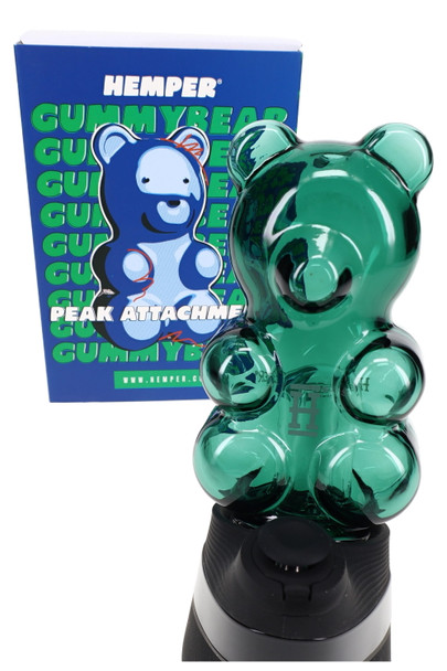 Hemper Gummy Bear Peak attachment with blue box, green bear topper—retail display device accessory