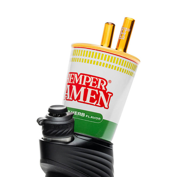 Hemper Ramen Peak top shown installed on device base, angled close-up—counter demo accessory for resale