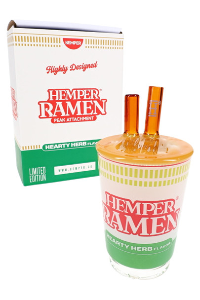 Hemper Ramen Peak top with branded box, ramen-cup glass and amber dual straws—smoke shop accessory set