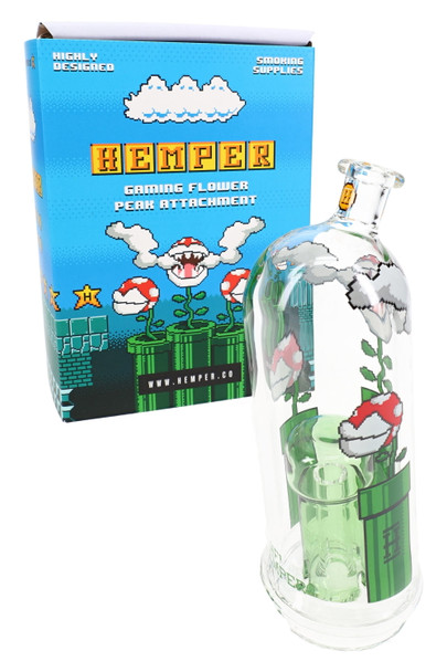 Hemper Gaming Flower Peak top with retail box, pixel-art clouds and pipes—smoke shop inventory hero shot