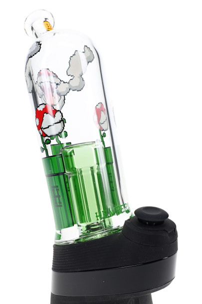 Gaming Flower Peak glass top on device, pixel-art design with green base chamber—smoke shop accessory