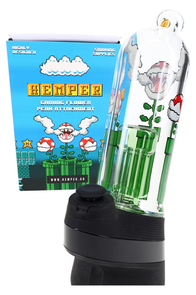 Hemper Gaming Flower Peak attachment with blue pixel box, green chamber top—retail display add-on