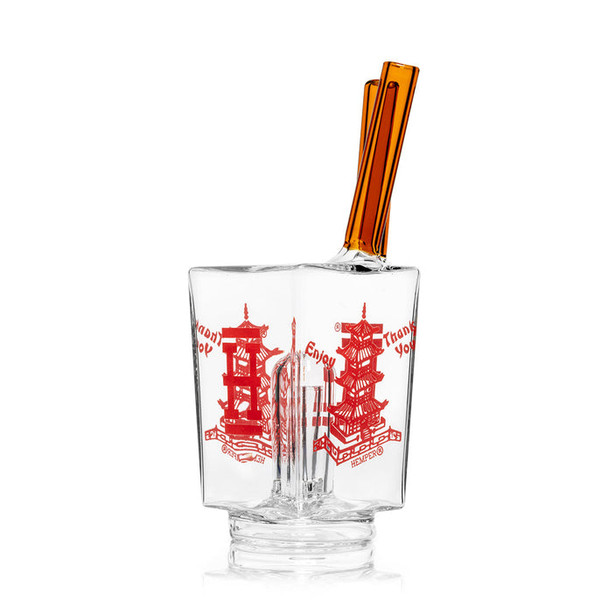Side angle Chinese takeout Peak attachment with slanted amber mouthpiece and decals—B2B showcase-ready glass