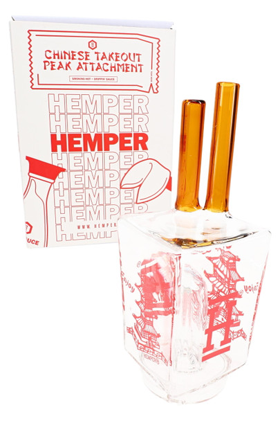 Hemper Chinese Takeout Peak top with retail box, amber chopstick mouthpiece—wholesale device accessory set