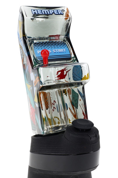 Arcade cabinet Peak glass top with “PRESS START” screen and red joystick detail—head-shop supplies upgrade photo