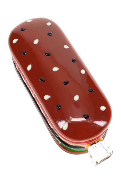 Wholesale glass pipe, top-down view of 5" sandwich design with red bun and black/white seed dots