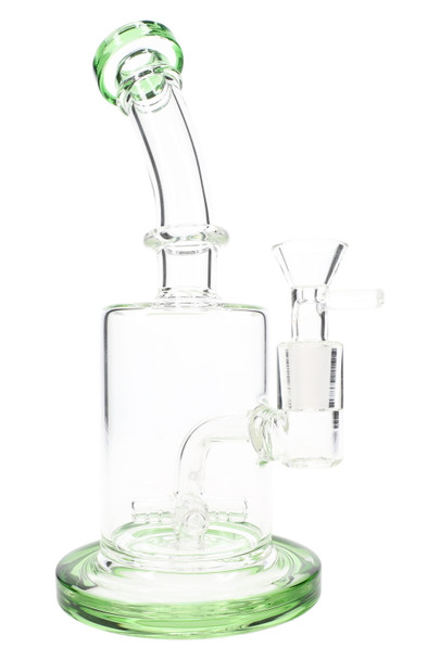 Smoke shop restock: green-accent 8.5" stemless straight shooter with sprinkler perc, front product view
