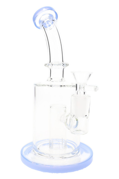 Smoke shop glassware: clear 8" stemless straight shooter with blue accent base and bent neck, front view