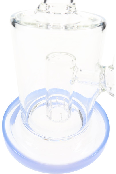 Retail smoke gear closeup of drum percolator inside chamber with blue accent base ring, detail angle