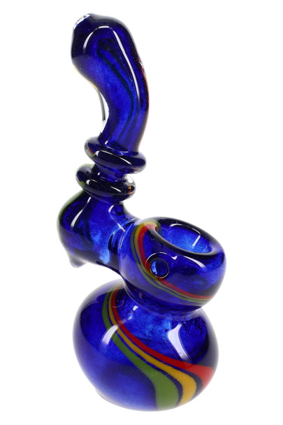 Blue 5" rasta swirl frit Sherlock bubbler with ring accents—wholesale head-shop supplies close-up, side angle view