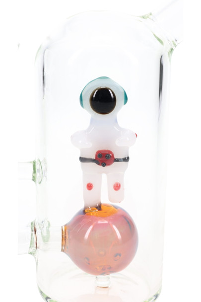 Close-up of astronaut figure and fumed sphere percolator inside 6.5" pipe, wholesale water pipe detail photo
