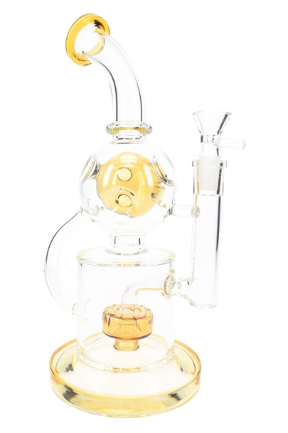 Amber-accent 11.5" Faberge recycler water pipe with drum perc, wholesale glass side profile on white