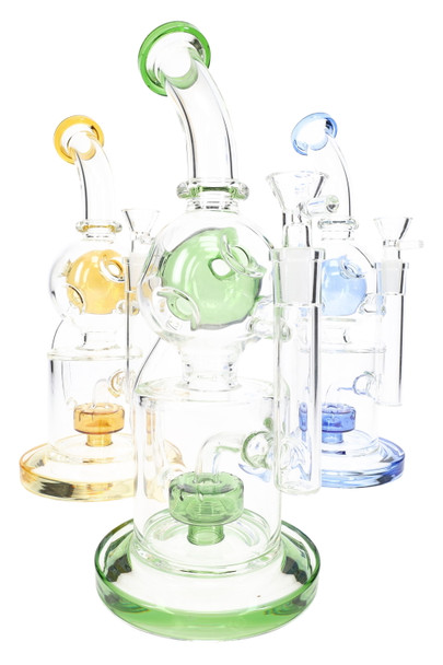Three 11.5" Faberge recycler water pipes in green, amber, and blue accents, wholesale glass group front view