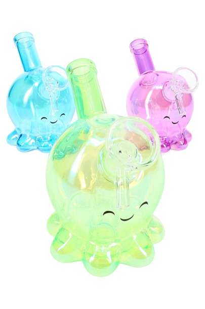 Three metallic octopus glass-on-glass water pipes in blue, green, and pink, wholesale case assortment photo
