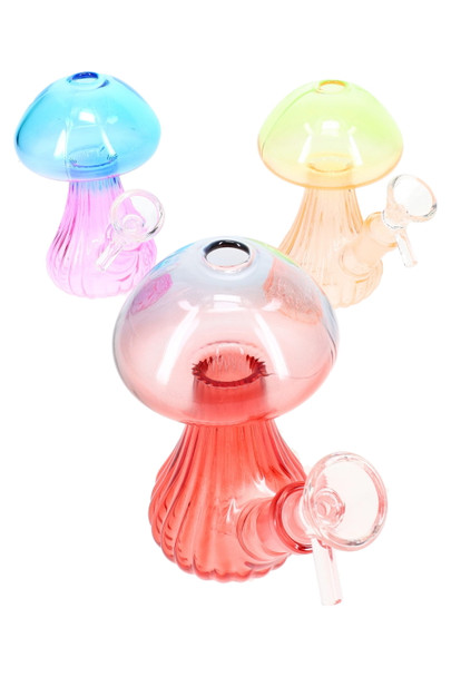 Multicolor mushroom glass-on-glass water pipes group photo, compact wholesale case-fillers in bright gradients