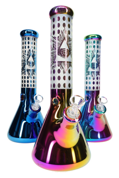 Three metallic frosted Illuminati beaker water pipes, wholesale smoke shop assortment, front angle