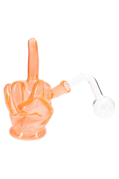Orange 6.5" middle-finger GoG oil burner rig with angled attachment, smoke shop supplies hero view
