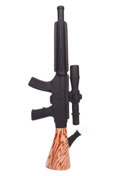 24" rifle-style glass water pipe with woodgrain beaker base, wholesale display hero shot on white