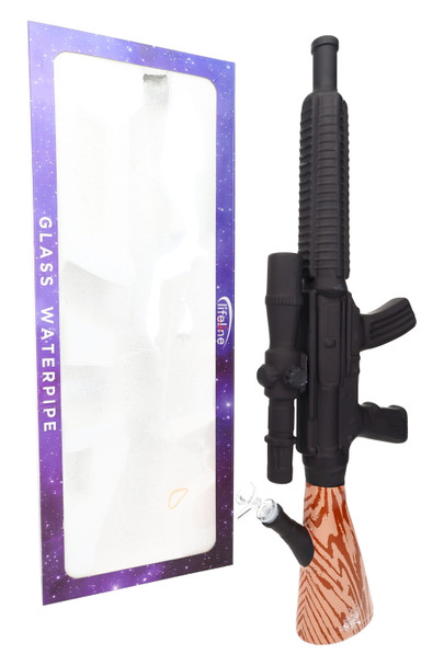 Boxed 24" rifle-shaped water pipe beside windowed retail box, wholesale showcase centerpiece glass