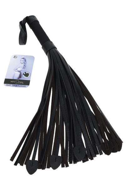 Black Heart Throb flogger with wrist strap and heart-tipped falls, shown with hang tag—wholesale adult toy accessory