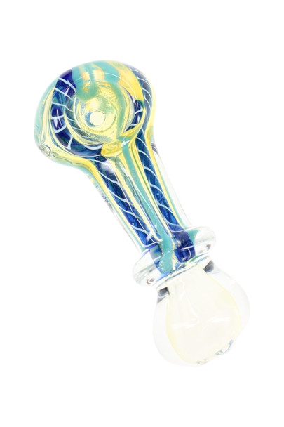 3" color-changing striped glass spoon pipe with clear ring accent, blue-yellow finish for wholesale shop stock