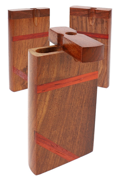 Assorted rosewood dugouts with red ribbon-style inlay stripe, lid open; wholesale counter add-on item