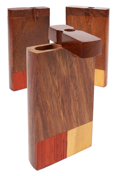 Three assorted rosewood dugouts with lid open, mixed inlay blocks; wholesale counter accessory photo