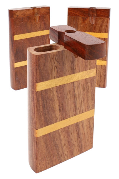 Rosewood dugout set with dual gold stripe inlay, lid open angled view; wholesale smoke shop accessory