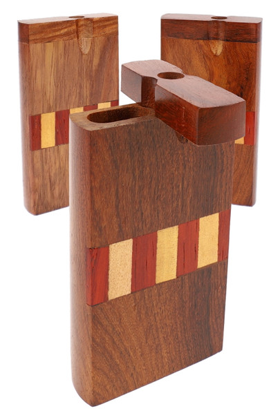 Assorted rosewood dugouts with red/cream vertical inlay blocks, lid open; wholesale head-shop supplies