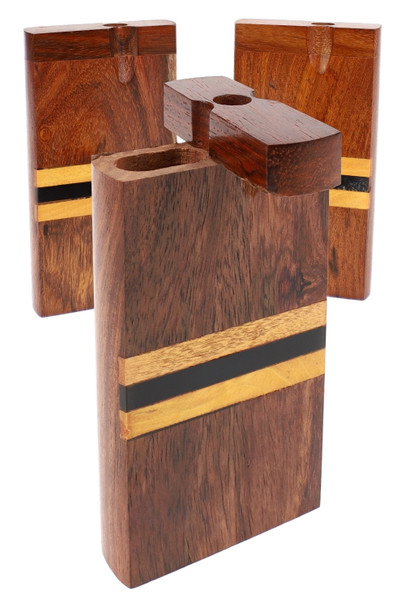 Mixed-design rosewood dugouts with black-and-gold stripe inlay, lid open; retail smoke gear wholesale