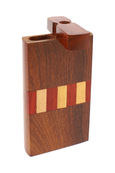 Single rosewood dugout with red/cream vertical inlay band, lid open; wholesale head-shop supplies item