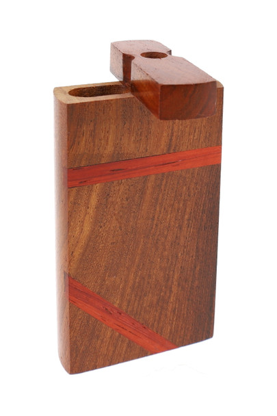 Single rosewood dugout with red ribbon inlay stripe, lid open angled; wholesale counter accessory photo