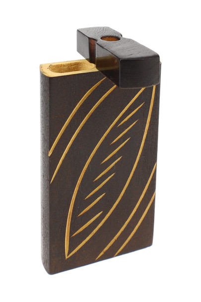 Single burned wood dugout with leaf-slash carving pattern, lid open angled view; wholesale resale gear