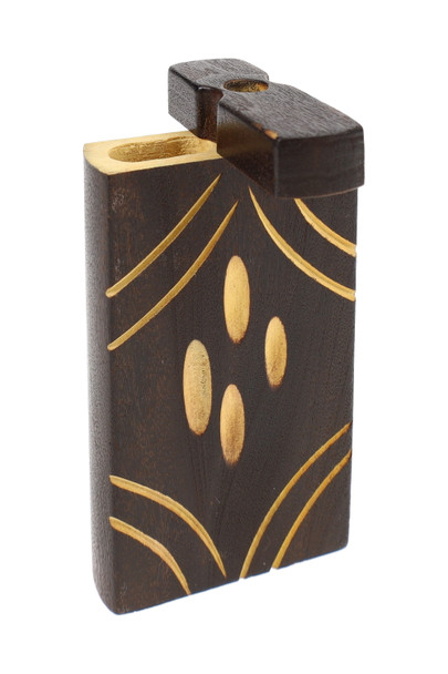 Single burned wood dugout with oval leaf carvings on front, lid open; wholesale counter add-on item
