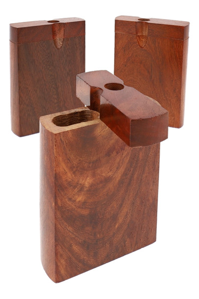 Three 3" dark-stained wood dugouts, one lid open showing cavity; wholesale counter accessory assortment