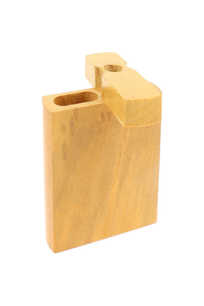 Single 3" light wood dugout with lid open and top port visible, angled view; retail smoke gear for resale