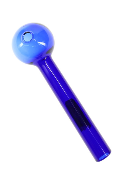 Blue 4" colored glass oil burner pipe angled close-up with rose filter accent; wholesale resale accessory