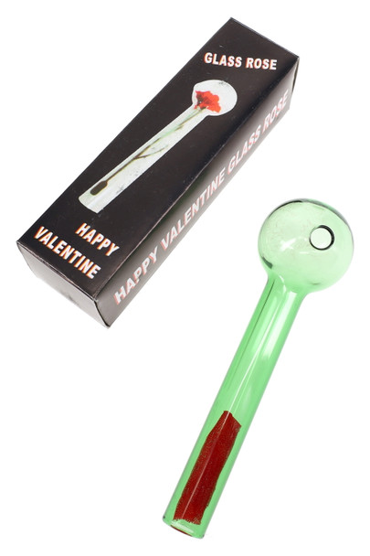 Green 4" colored glass oil burner pipe with red rose filter plus retail box; wholesale counter add-on