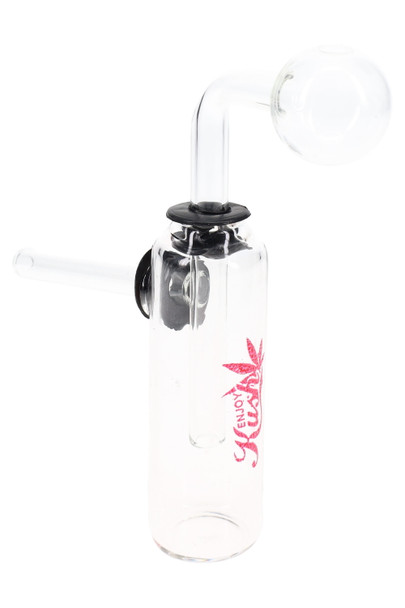 Single clear glass bottle bubbler oil burner rig with red leaf decal, angled side view; bulk-friendly resale item
