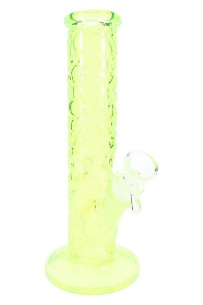 Neon yellow-green rock-wall straight tube water pipe with clear bowl; wholesale smoke shop glass display