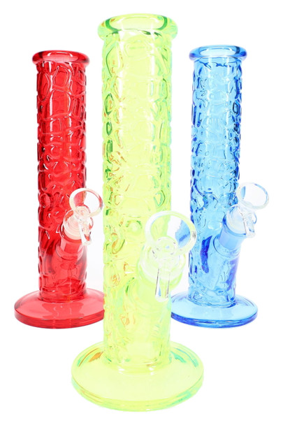 9.5" colored glass rock-wall straight shooter water pipes, angled view; wholesale glassware for resale