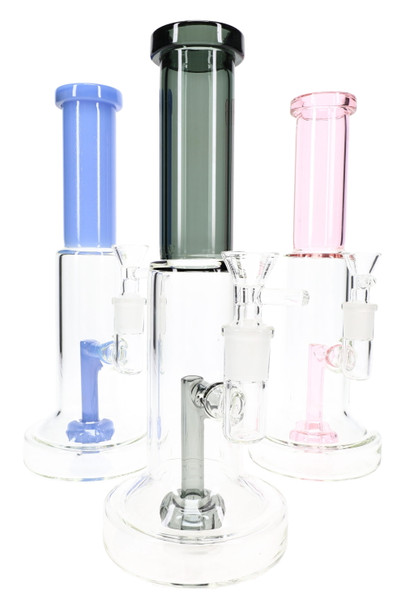 Three 10" stemless GoG water pipes with blue, smoke, and pink accents; wholesale glassware assortment