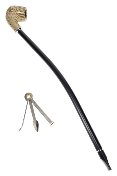 16" wood pipe with tan-and-black trippy checker bowl and black stem; wholesale retail smoke gear